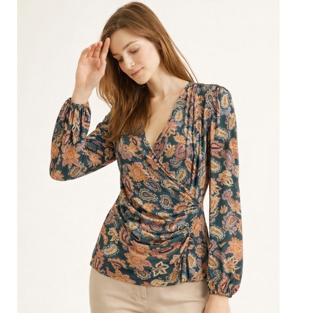 BODEN Paisley Faux Wrap V-Neck Jersey Knit Top Colorful Boho‎ Indie Preppy Sz 8
